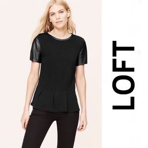 LOFT peplum top with faux leather sleeves